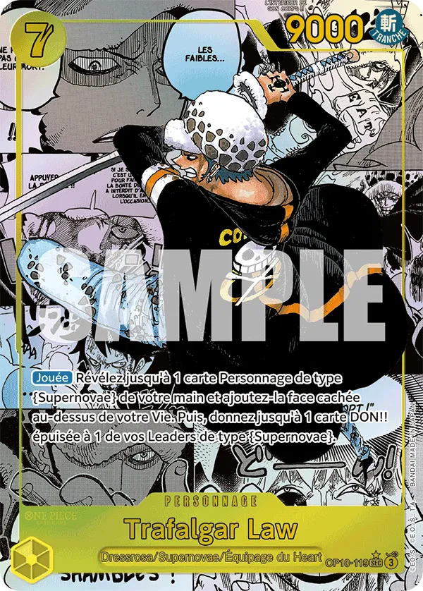 Trafalgar Law Super Parallèle OP10-119, Secrète Rare sur fond de manga du set One Piece Sang Royal