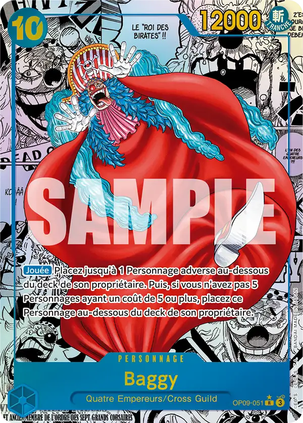 Buggy (Baggy on the French card) Super Alt-Art OP09-051 from the One Piece set Emperors in the New World, French edition
