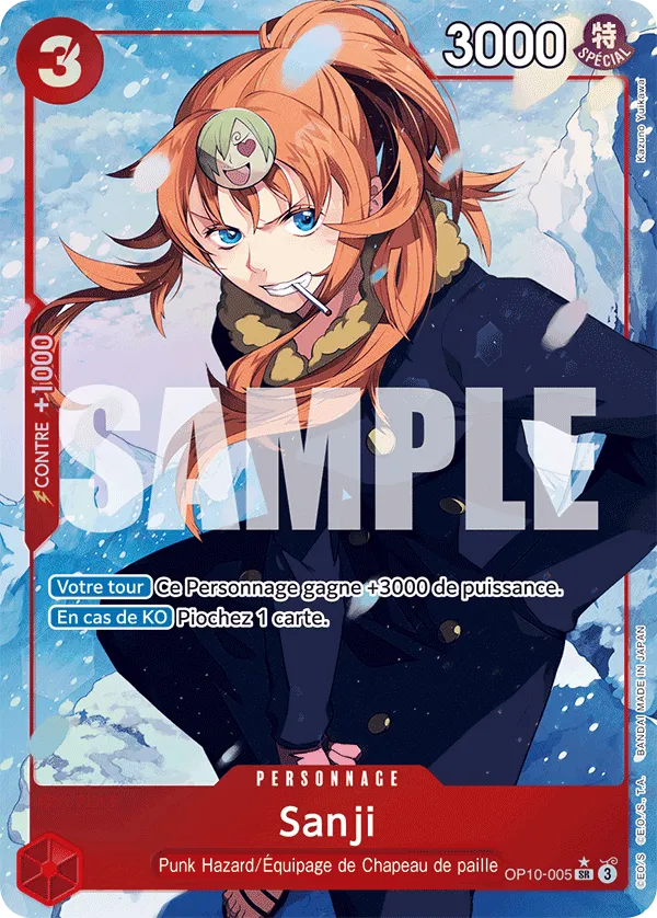 Sanji Super Rare parallèle OP10-005 illustré dans le corps de Nami, set One Piece Sang Royal en français