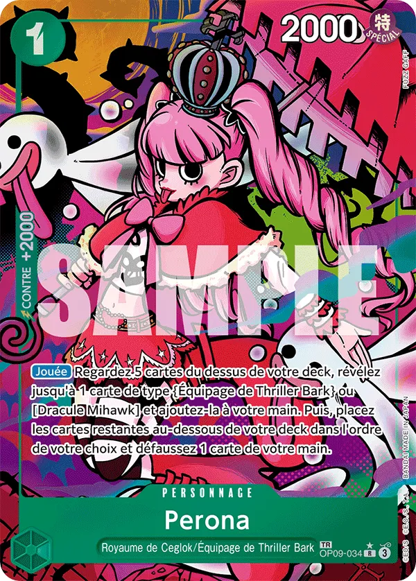 Perona Treasure Rare OP09-034 du set One Piece Sang Royal en français, carte la plus chère en VF