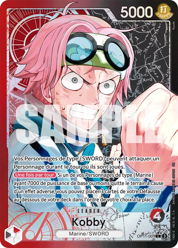 Carte Leader parallèle Kobby OP11-001 du set One Piece Des Poings Vifs Comme l'Éclair en français