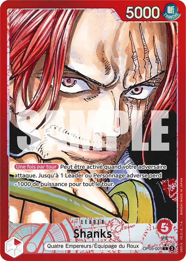 Shanks OP09-001 Alt-Art Leader card from the One Piece set Emperors in the New World, French edition