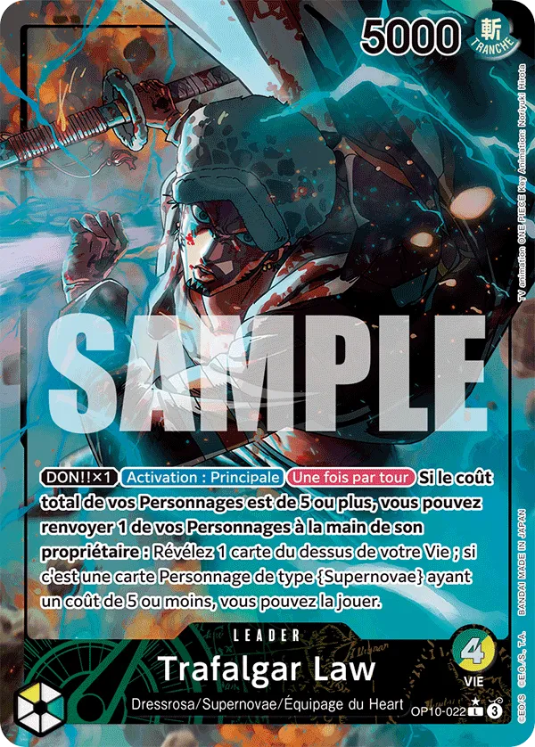Carte Leader parallèle Trafalgar Law OP10-022 du set One Piece Sang Royal en français